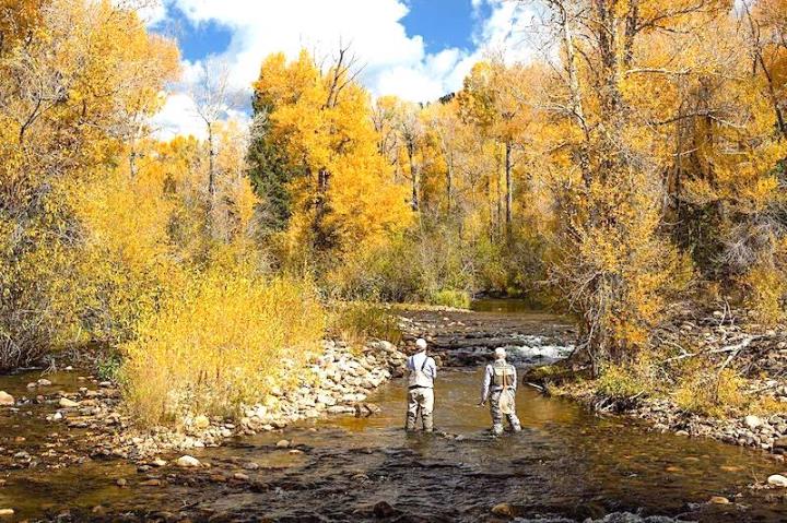 Two people standing in river